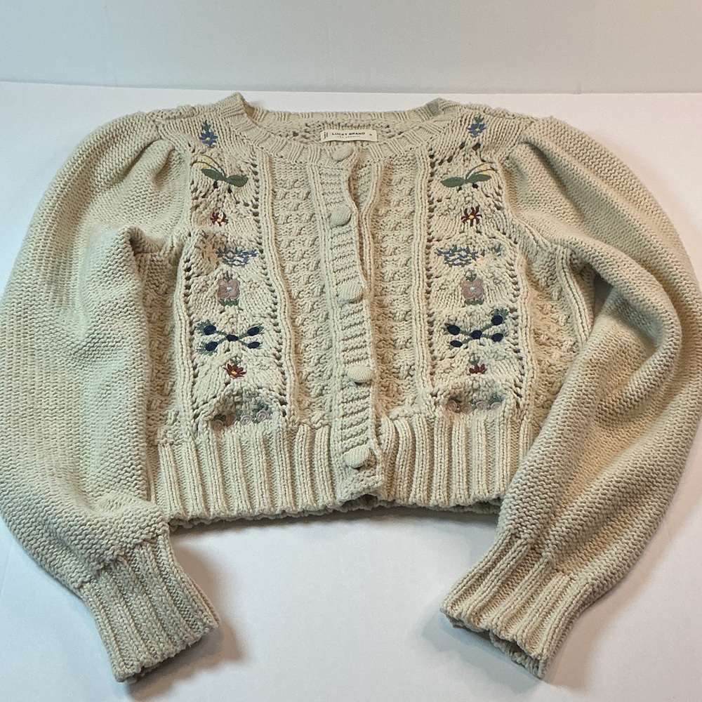 Lucky Brand Floral Embroidered Chunky Knit Cardigan – Size M